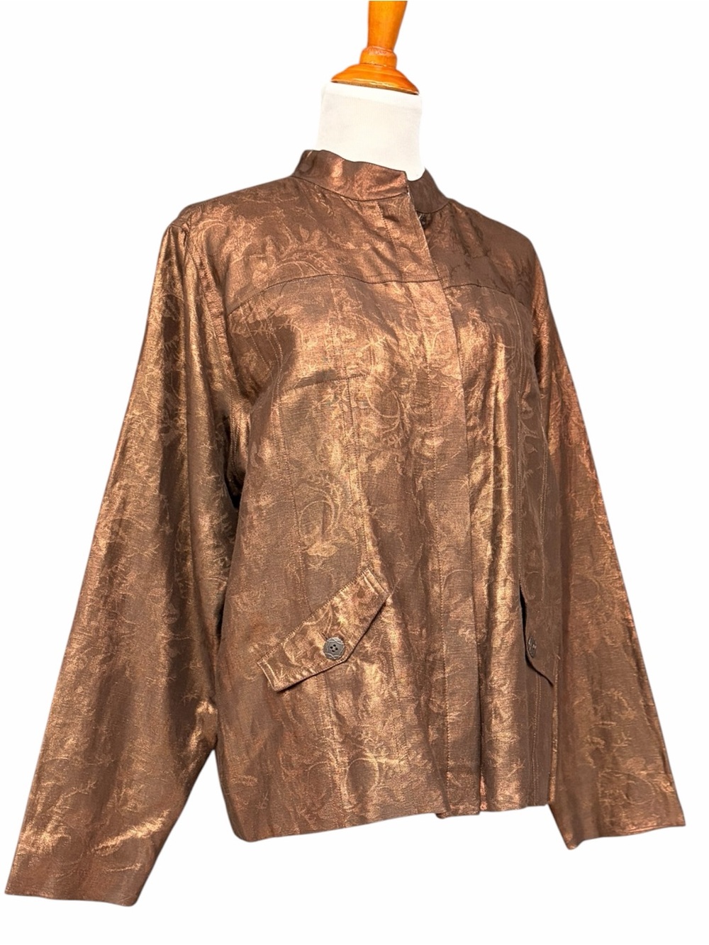 Chico’s Bronze Silk Linen Metallic Jacquard Jacket Size 3, XL, Silk Fall Jacket - Picture 10 of 10